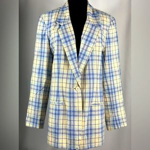 *VINTAGE ADOLFO STUDIO BLUE AND YELLOW PLAID BLAZER